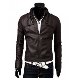 Men Stand Collar Slim Leisure Long Sleeve JacketTop , Belt Not Included