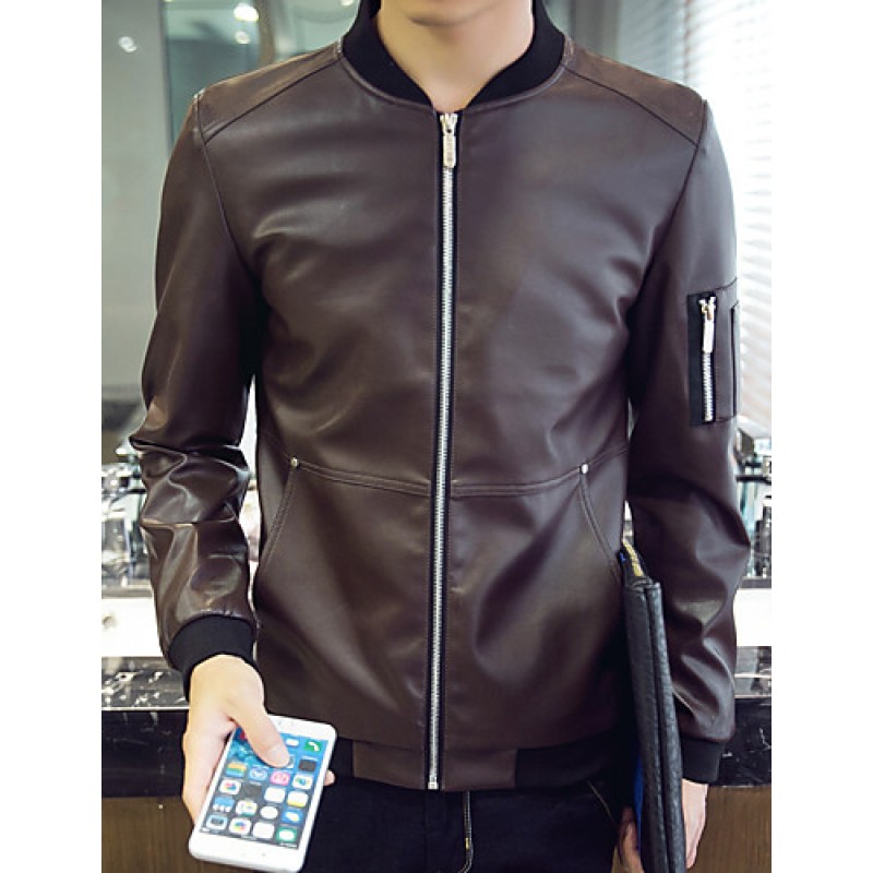 Men's Long Sleeve Casual / Work / Formal / Sport / Plus Sizes Jacket,PU / Polyester Solid Black / Blue / Brown