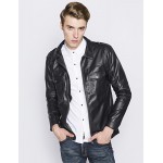 Men's European Style Fashion Double Pocket Slim Fit Motorcycle Leather Jacket