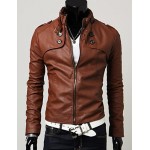 Men Stand Collar Slim Leisure Long Sleeve JacketTop , Belt Not Included