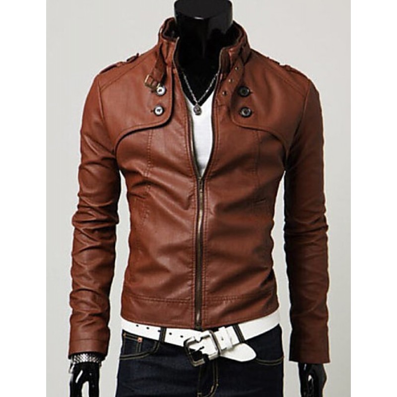 Men Stand Collar Slim Leisure Long Sleeve JacketTop , Belt Not Included