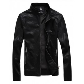 Men's Casual Stand Up Collar Washed Leather Motorcycle Jacket,Lined