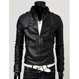 Men Stand Collar Slim Leisure Long Sleeve JacketTop , Belt Not Included