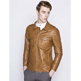Men's European Style Fashion Double Pocket Slim Fit Motorcycle Leather Jacket
