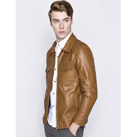 Men's European Style Fashion Double Pocket Slim Fit Motorcycle Leather Jacket