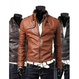 Men Stand Collar Slim Leisure Long Sleeve JacketTop , Belt Not Included